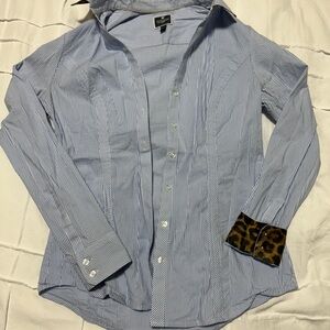 Express Light Blue Striped Shirt with Leopard Print Cuffs and Collar- Size S